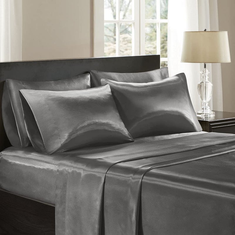 Madison Park Essentials Satin Sheet Set Luxury and Silky with Natural Sheen, Elastic 14" Pocket fits up to 16" Mattress, All Around Elastic - Year-Round Bedding, Full, Grey, 6 Piece - Image 1